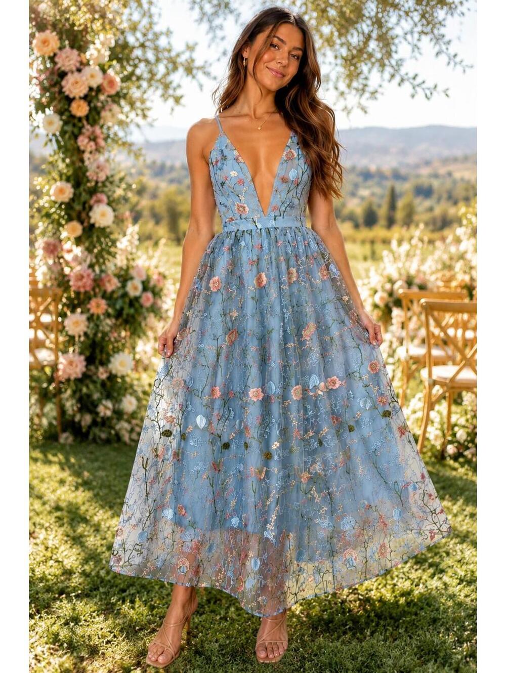 Dusty Blue Floral Embroidered Mesh Midi Dress S